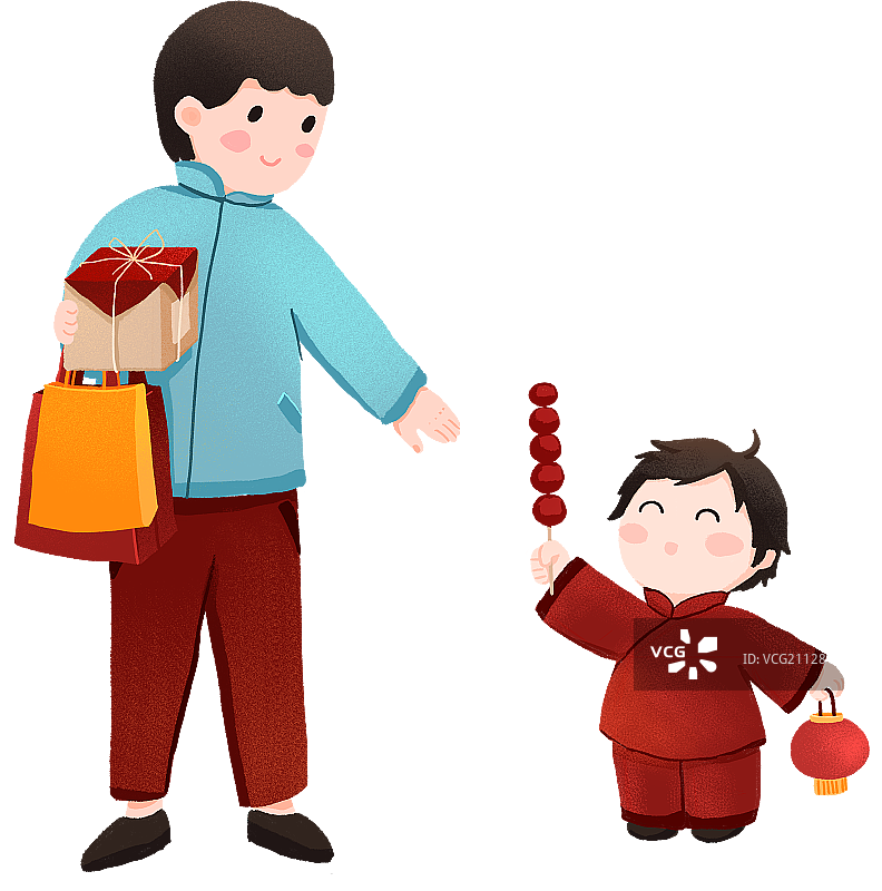 年俗腊月二十七父子赶集买年货手绘插画图片素材