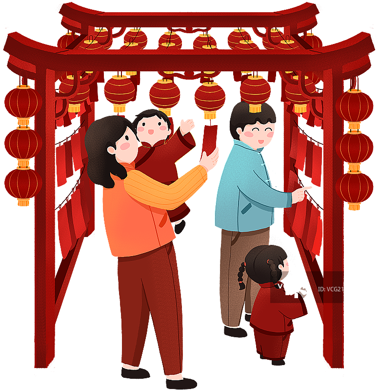 年俗正月十四一家四口在元宵节前猜灯谜赏花灯插画图片素材