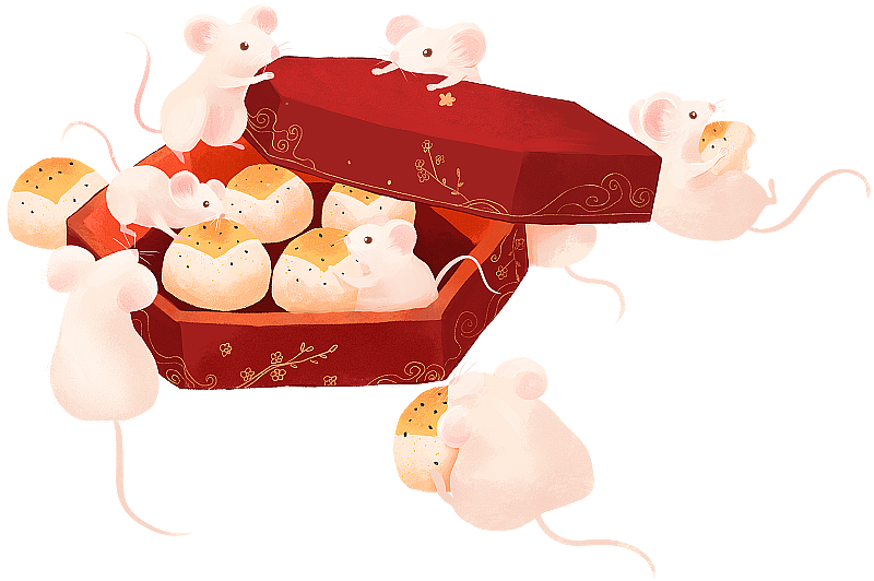 百鼠闹春之在红色点心盒里偷吃点心的小老鼠图片素材