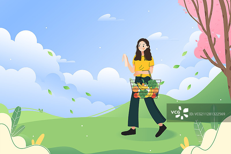 去超市买完菜提着新鲜的蔬菜回家的女孩图片素材