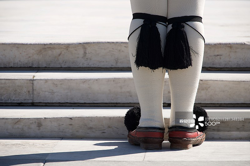 希腊总统卫队士兵帽穗的特写图片素材