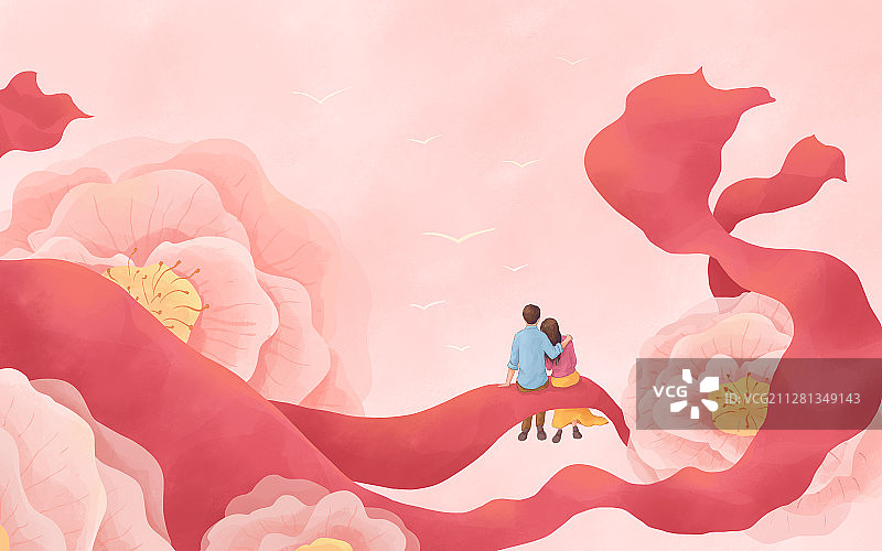 花与丝带上的情侣情人节插画图片素材