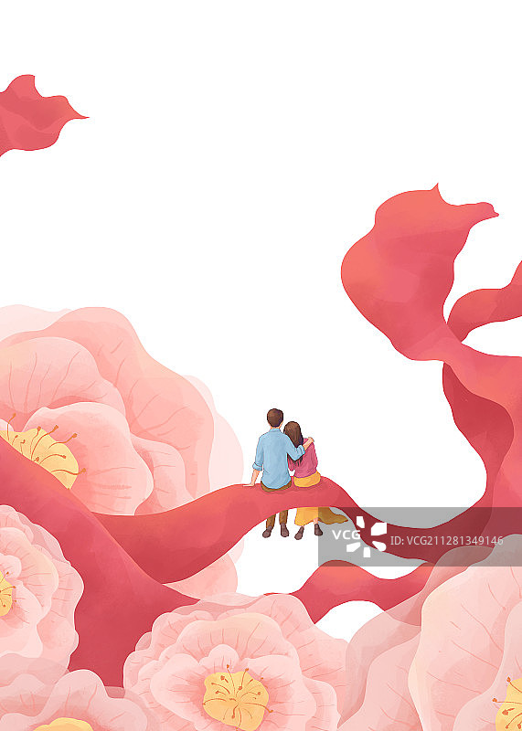 花与丝带上的情侣情人节插画白底竖版图片素材