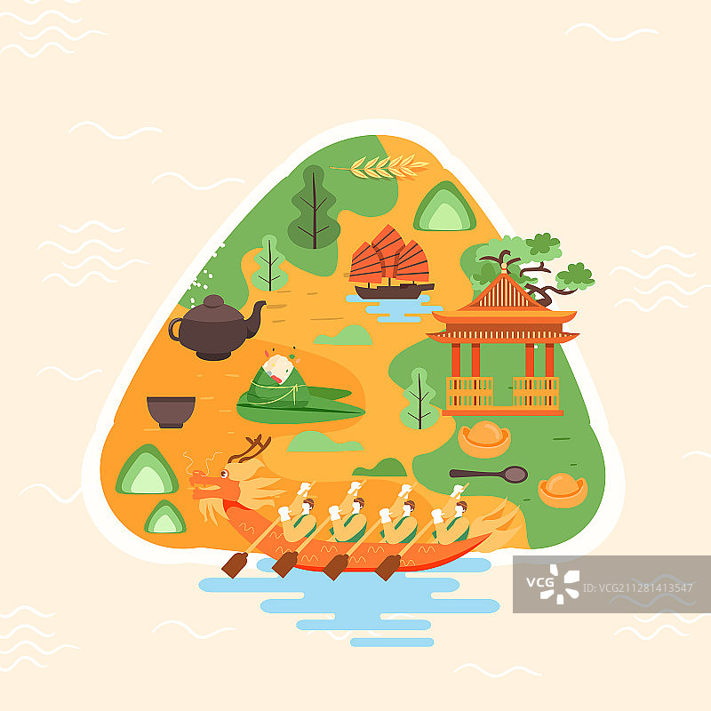 卡通端午节粽子赛龙舟中国风传统节日风景矢量插画图片素材