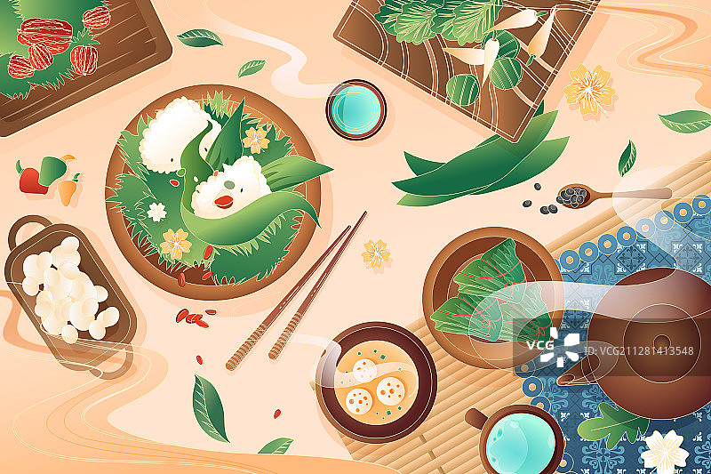 卡通端午节包粽子美食中国风传统节日渐变矢量插画图片素材
