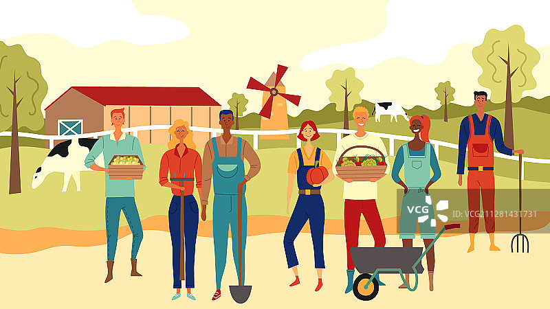 在田地里一起工作的多民族农民团队图片素材