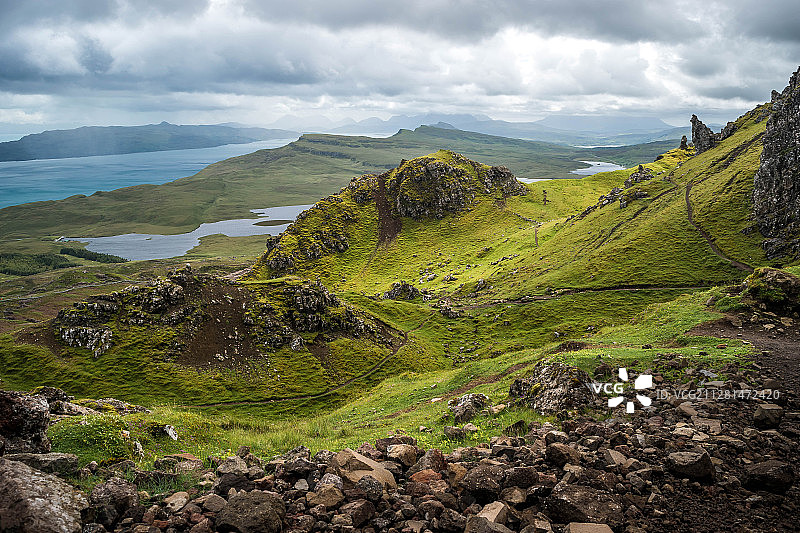苏格兰波特里小山、湖泊、绿草和岩层景观图片素材