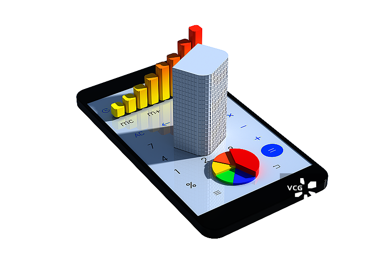 3D手机上的财金图标和建筑图片素材