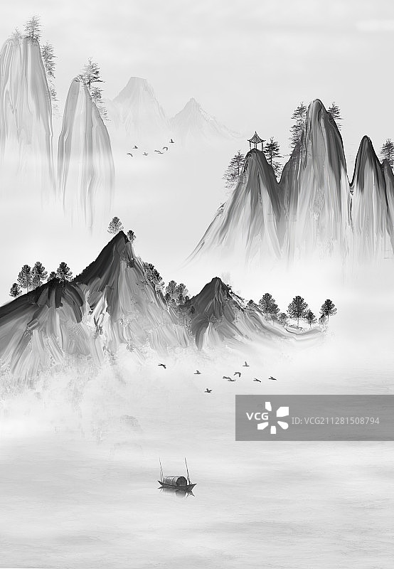 手绘中国风意境水墨山水画图片素材