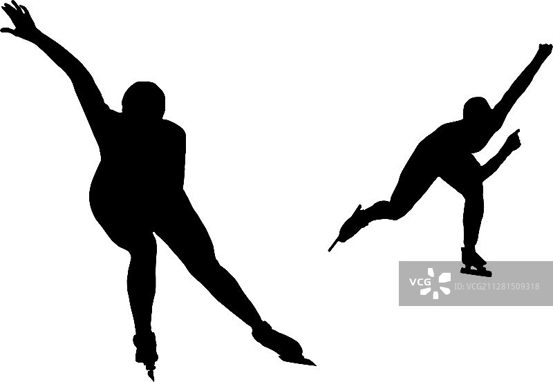 白色背景上的两名女子速度滑冰运动员黑色剪影图片素材