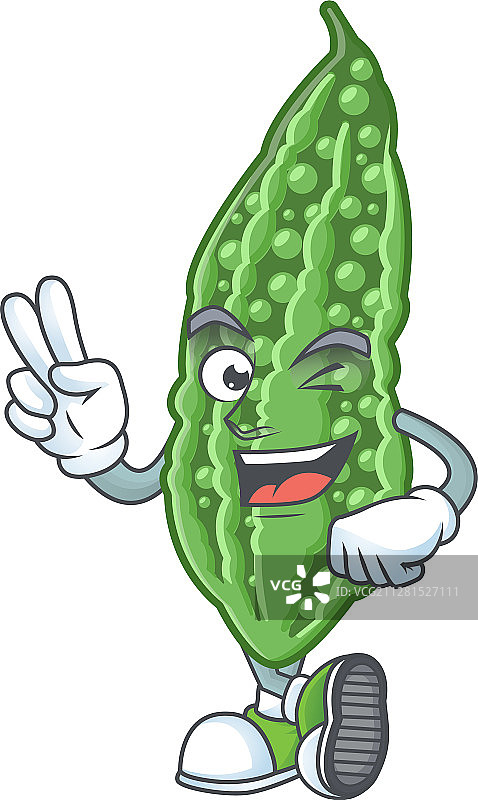 竖起两根手指的卡通吉祥物风格苦瓜图片素材