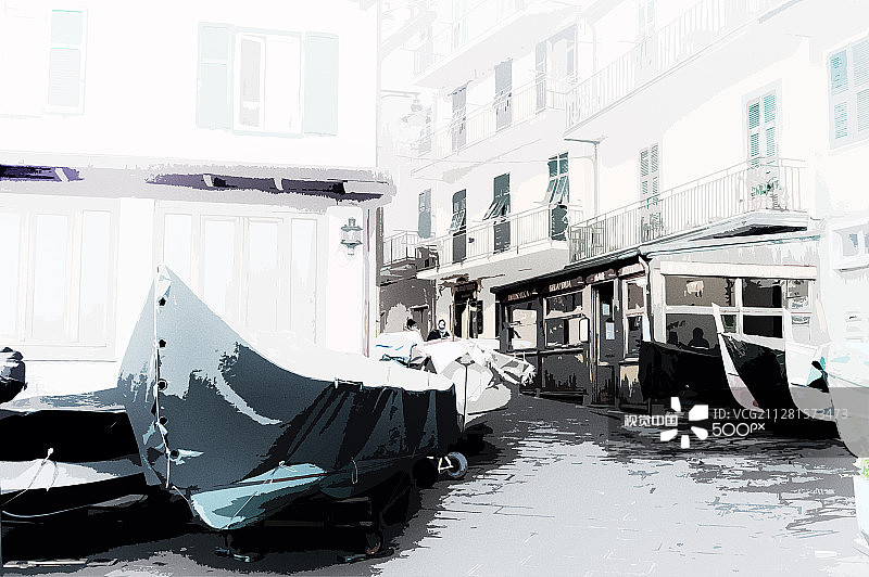 五渔村的船只和建筑图片素材