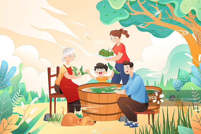 卡通端午节家人团圆包粽子中国风传统节日习俗背景矢量插画图片素材