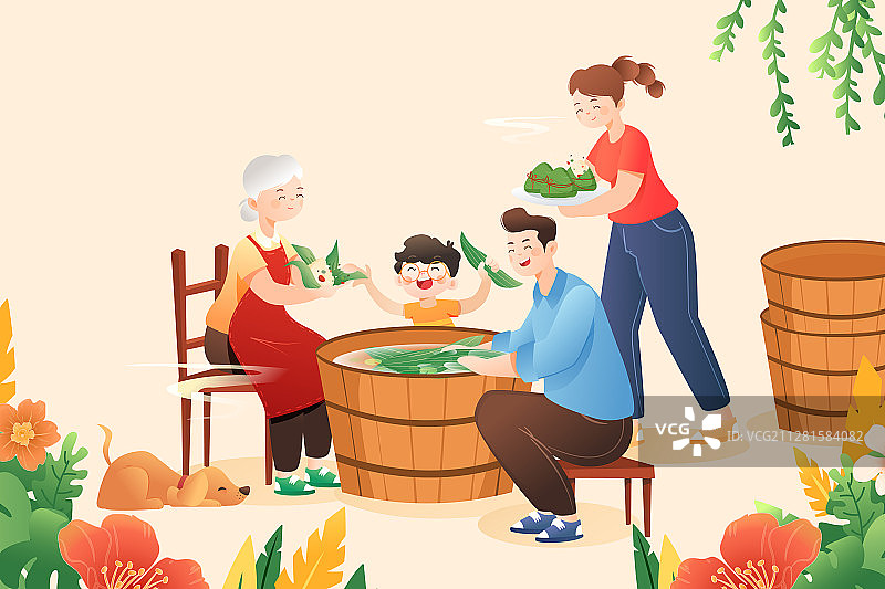 卡通端午节家人团圆包粽子中国风传统节日习俗背景矢量插画图片素材