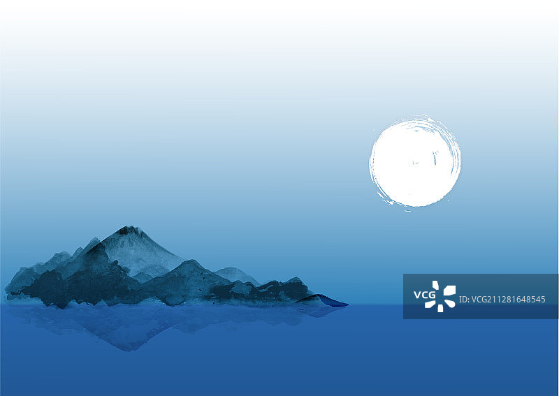 水中蓝色山脉夜景图片素材