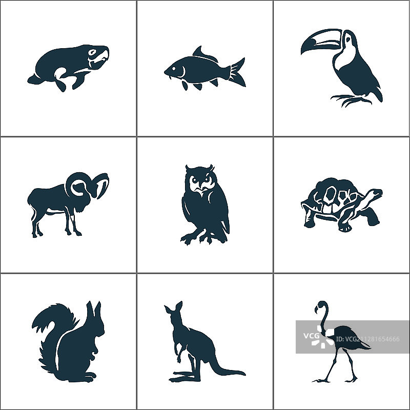 动物园图标集：火烈鸟、巨嘴鸟、盘羊图片素材