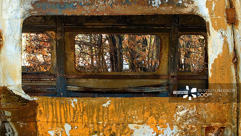 秋季森林中烧毁的厢型车图片素材