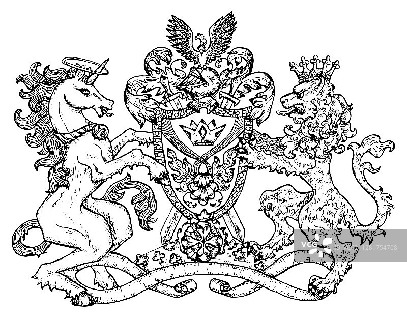 带独角兽和狮身鹫首兽的纹章图片素材