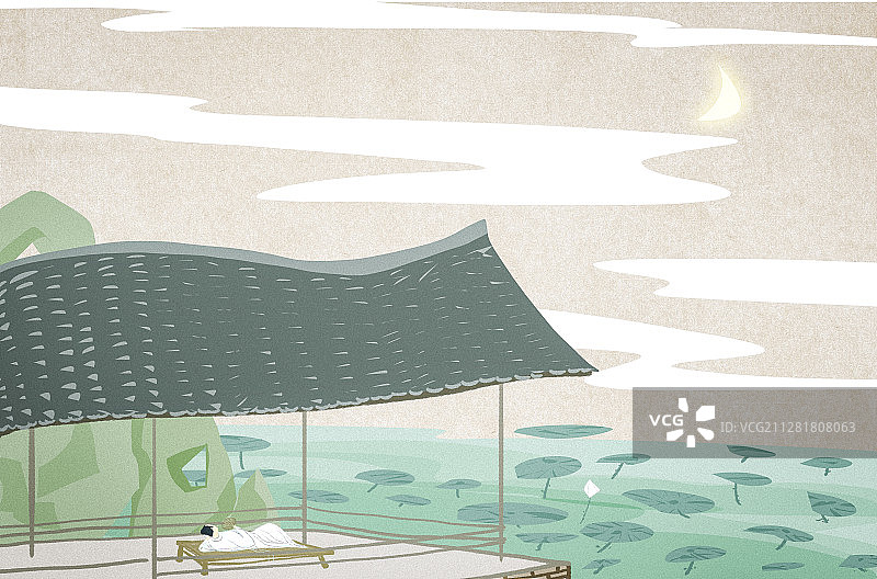 夏天荷塘月色乘凉插画图片素材