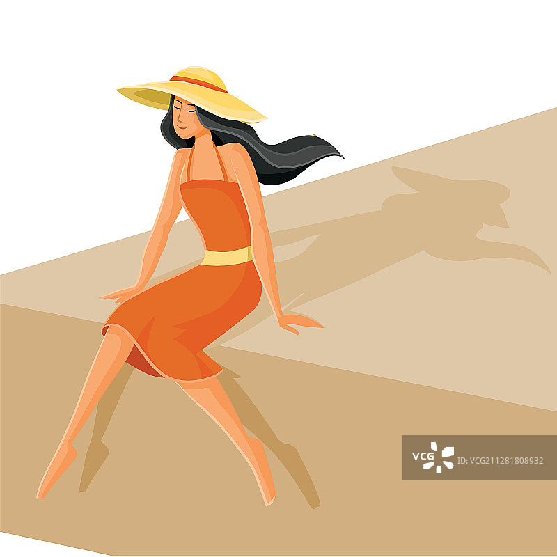 戴着大沙滩帽的黑发女孩图片素材