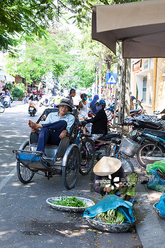 戴着传统斗笠正在整理蔬菜的越南女人图片素材