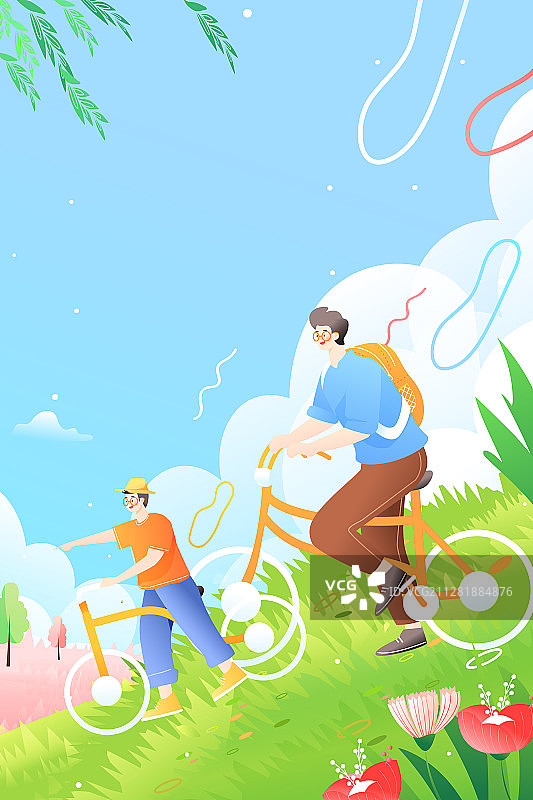 夏季父亲节骑行亲子游出游旅行踏青户外自然风景矢量插画图片素材