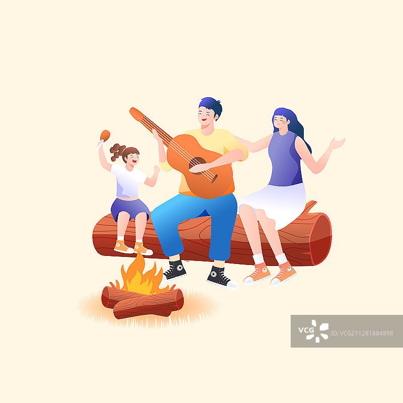 夏季一家三口家人夏令营亲子游出游旅行踏青户外自然风景矢量插画图片素材