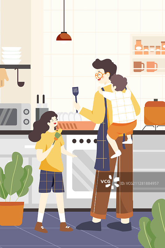 夏季父亲节父女居家做饭烹饪家人温馨厨房内部矢量插画图片素材