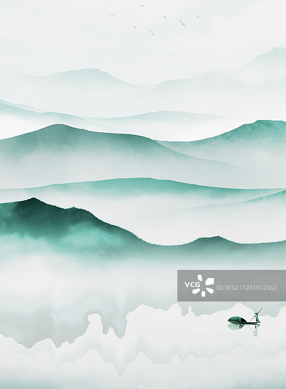 新中式淡雅山水插画图片素材