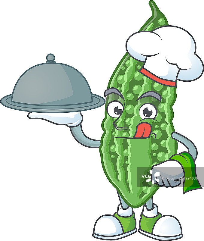 戴帽子和托盘的可爱苦瓜厨师图片素材