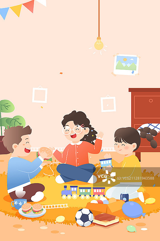 六一儿童节朋友聚会玩耍宝宝学前班玩乐游戏居家活动矢量插画图片素材