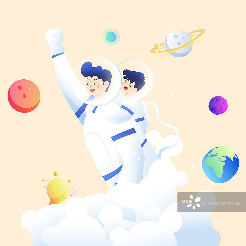 卡通父亲节亲子宇航员外太空遨游宇宙亲子游渐变科技矢量插画图片素材