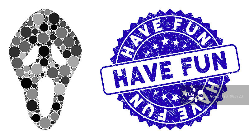 马赛克风格的可怕面具图标与have fun印章图片素材