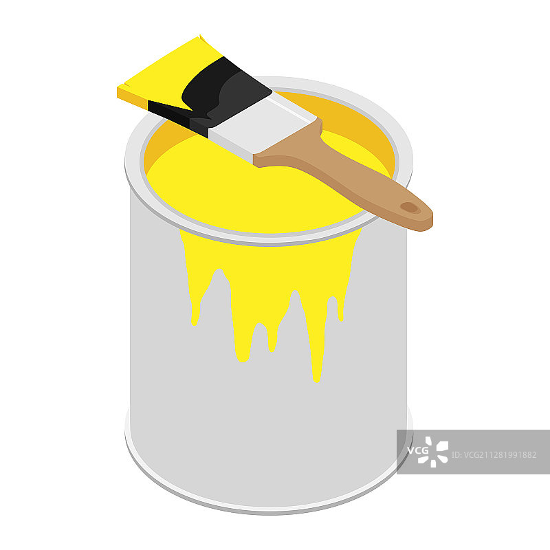 装有黄色油漆和刷子的金属油漆罐图片素材