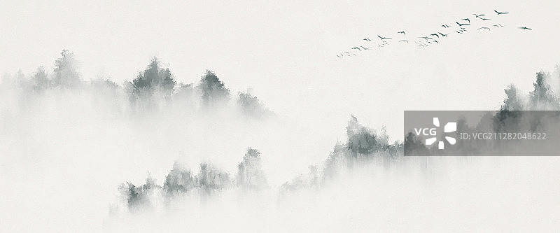 松树林山水画横图片素材