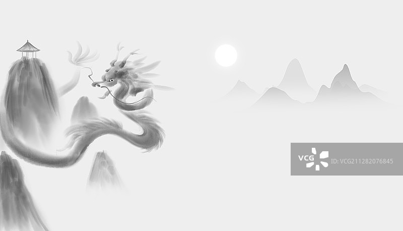 新中式淡雅山水神龙插画图片素材