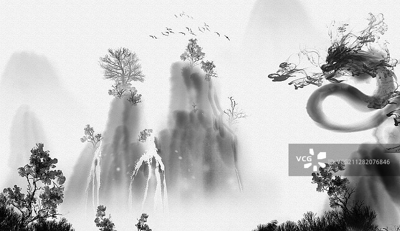 新中式淡雅山水神龙插画图片素材
