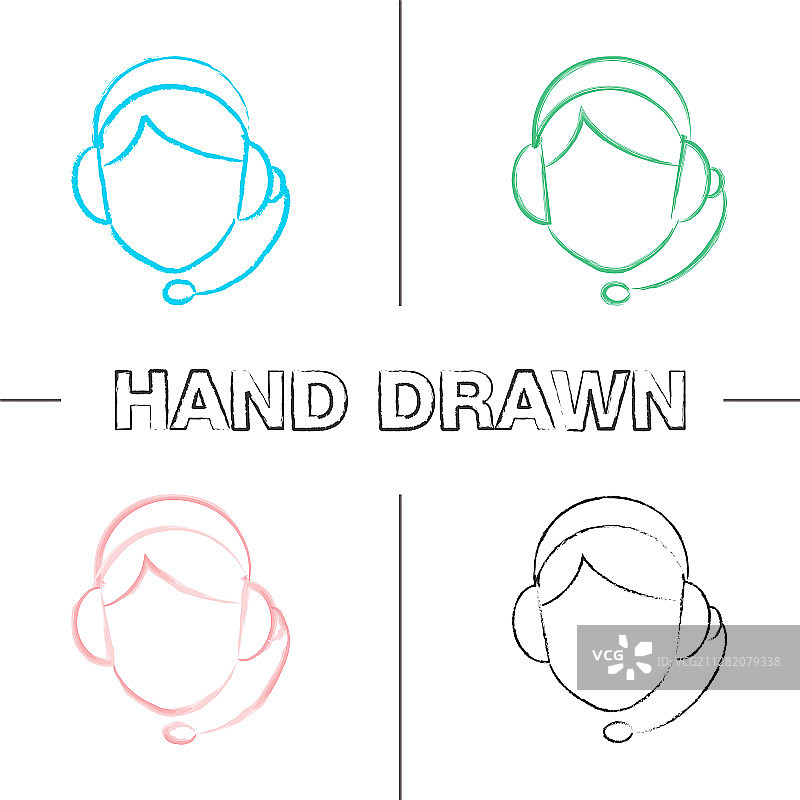 呼叫中心接线员手绘图标集图片素材