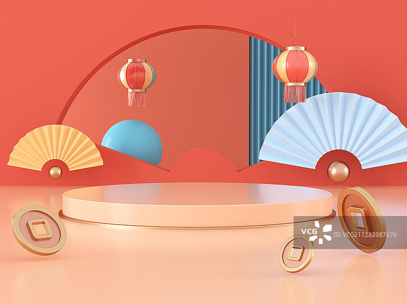 红色C4D风格的电商产品展示平台节假日创意背景图片素材