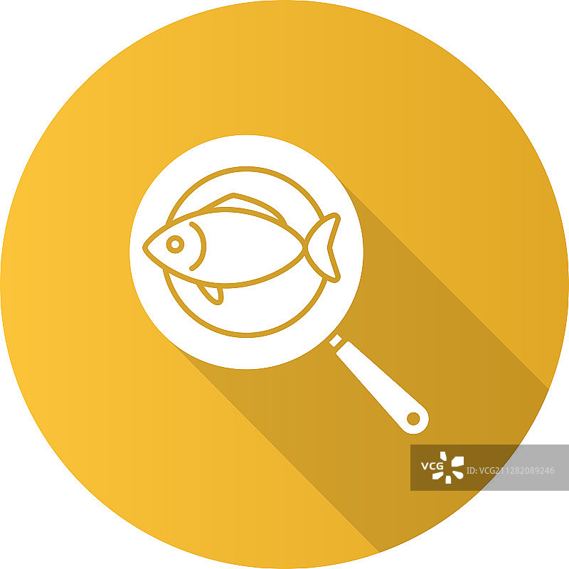 煎锅上的鱼，扁平设计长阴影标志图片素材
