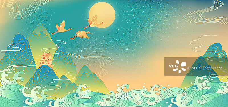 国潮山水插画图片素材