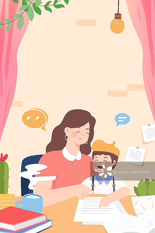 六一儿童节妈妈辅导孩子宝宝学习教育居家活动矢量插画图片素材