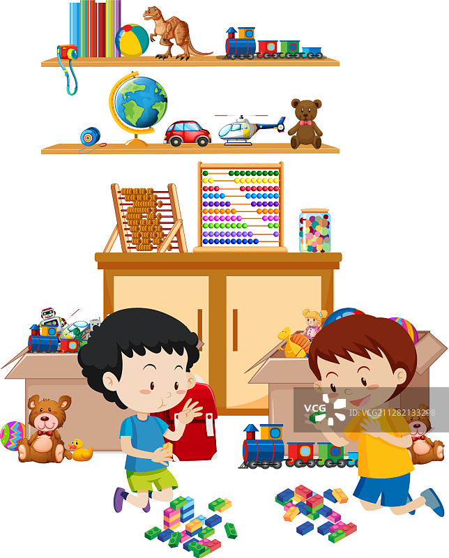 白色背景上的书籍和玩具架子图片素材