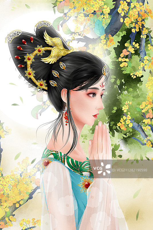 中国风水彩古风女性祈祷插画图片素材