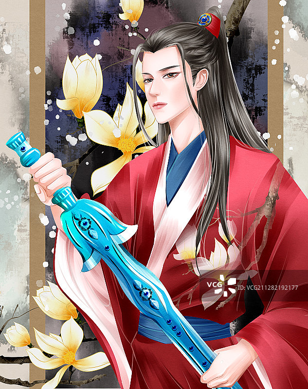 中国风水彩古风男性剑客插画图片素材