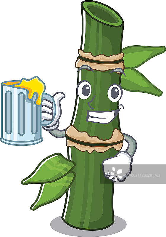 手持大玻璃杯的快乐竹子吉祥物设计图片素材