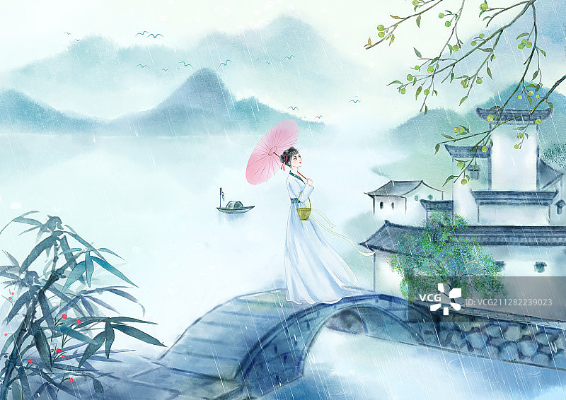 芒种节气中国风小清新水墨风格山水插画图片素材