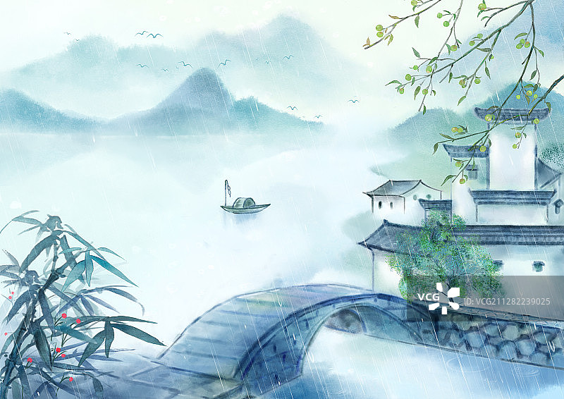 芒种节气中国风小清新水墨风格山水插画图片素材