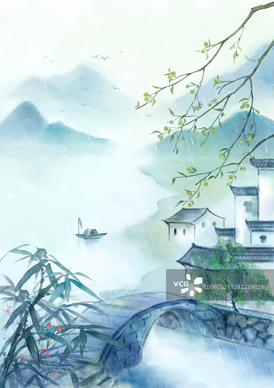 芒种节气中国风小清新水墨风格山水插画图片素材