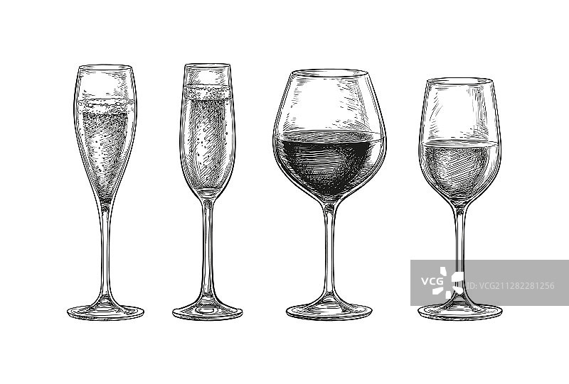 装着香槟和葡萄酒的玻璃杯图片素材